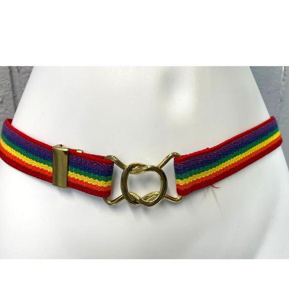 Vintage 1980s Woven Stretch Rainbow Color Block Adjustable Belt XS SM Med Pride
